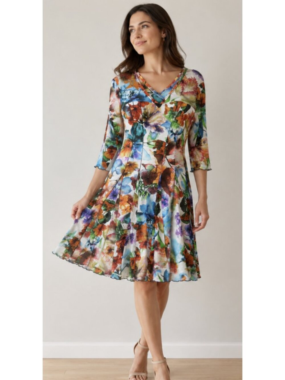 ELANA KATTAN Primavera Fit & Flare 3/4 Sleeves Paneled Floral Print Dress XL